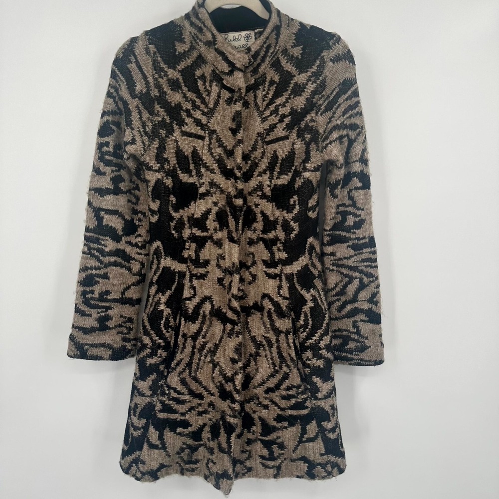 Field Flower Anthropologie Mohair Cardigan‎ Women's S Black Tan Abstract Wool